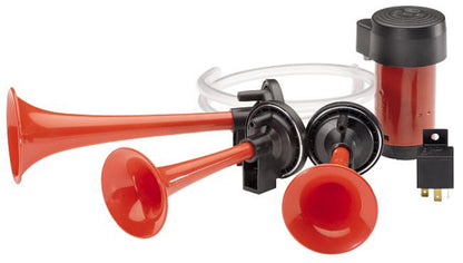 Red / black accessory horn with mounting hardware from Hella part number 003001671