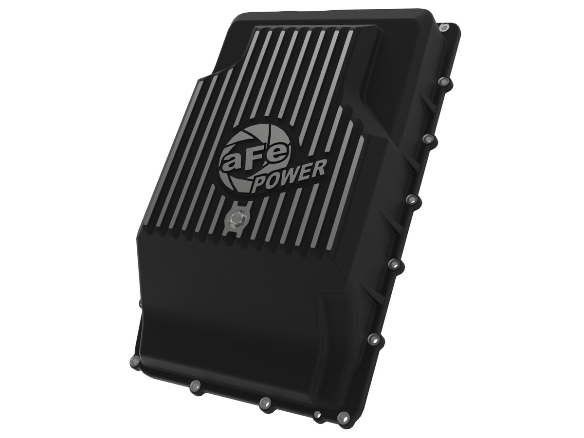 Black powdercoated cast aluminum transmission oil pan with mounting hardware from aFe Power part number 46-71330B