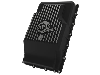 Black powdercoated cast aluminum transmission oil pan with mounting hardware from aFe Power part number 46-71330B