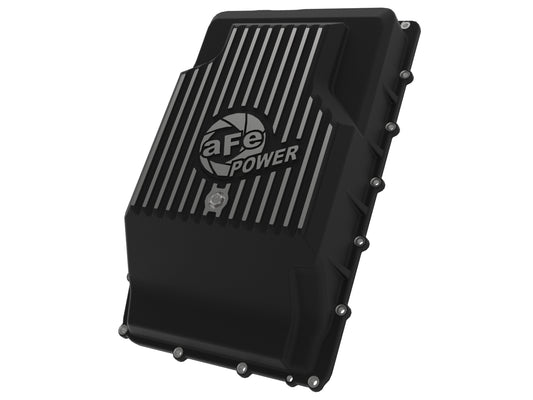 Black powdercoated cast aluminum transmission oil pan with mounting hardware from aFe Power part number 46-71330B