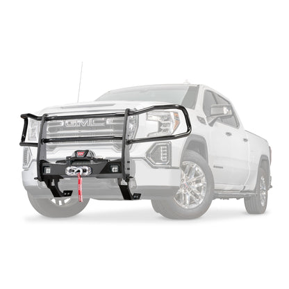 Black powder coated steel grille guard with mounting hardware from Warn part number 108226
