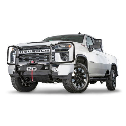 Black powder coated steel grille guard with mounting hardware from Warn part number 106595