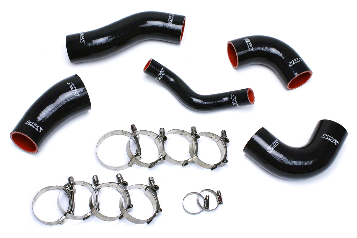 Black silicone intercooler hose kit with mounting hardware from HPS Performance part number 57-1420-BLK