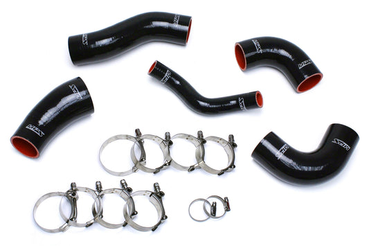 Black silicone intercooler hose kit with mounting hardware from HPS Performance part number 57-1420-BLK