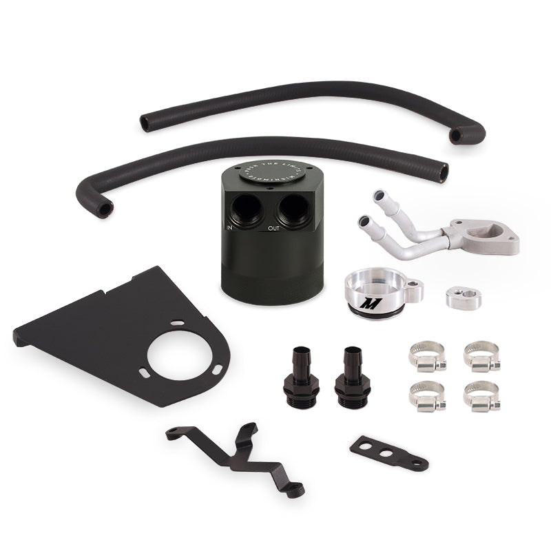 Black powder-coat engine oil catch can kit from Mishimoto part number MMBCC-F2D-17BE