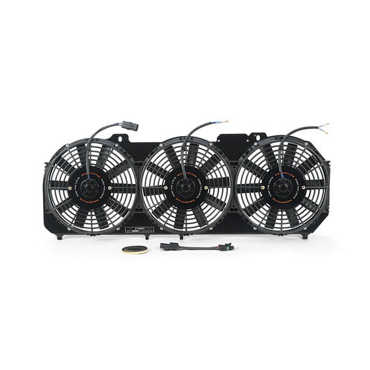 Black powder coated plastic / aluminum engine cooling fan shroud kit from Mishimoto part number MMFS-XJ-89BK