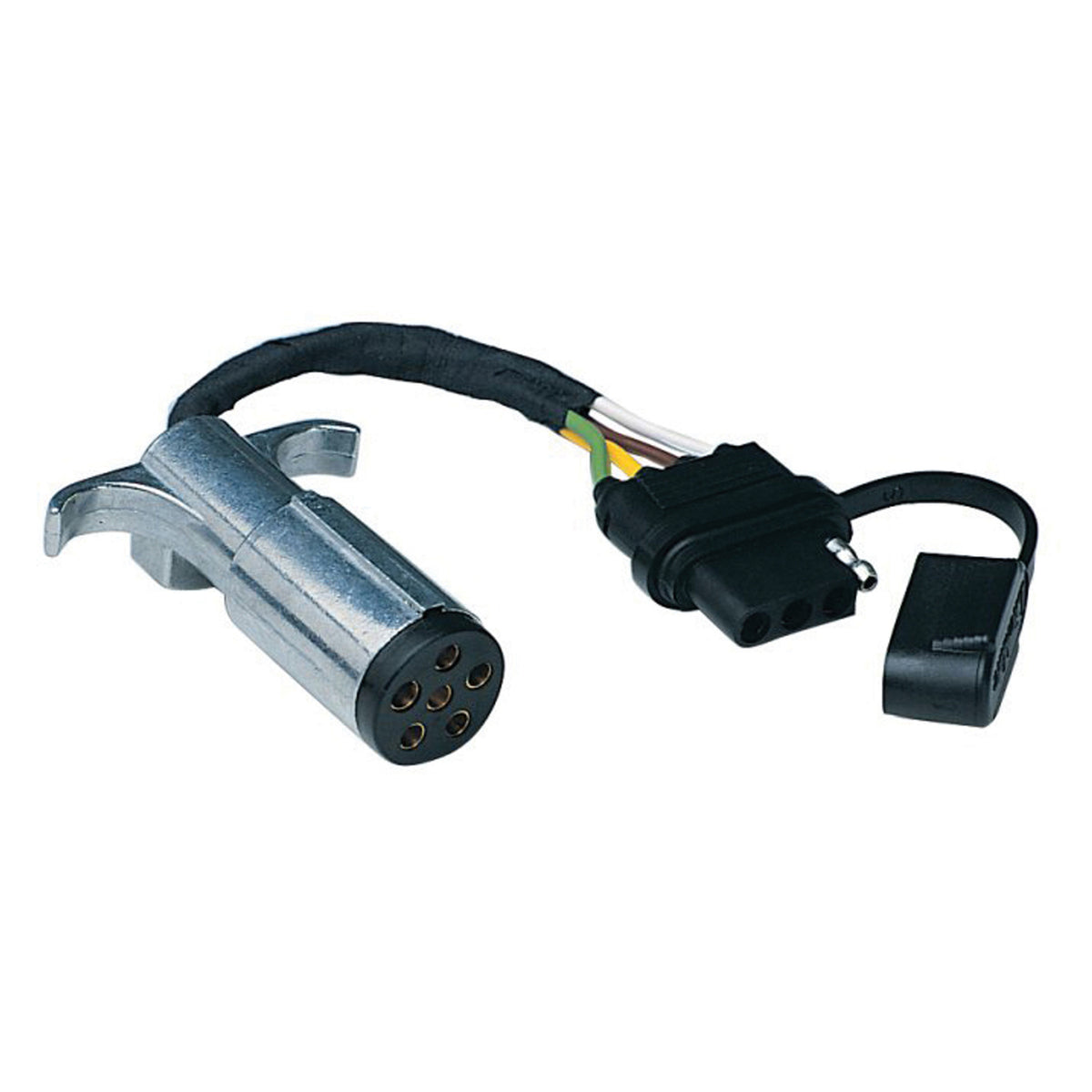 Black and silver zinc trailer wiring adapter connector from Husky Towing part number 13168