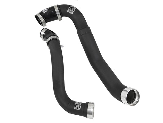 Black powdercoated aluminum intercooler pipe with mounting hardware from aFe Power part number 46-20364-B