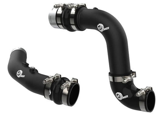 Black powdercoated aluminum intercooler pipe with mounting hardware from aFe Power part number 46-20684-B