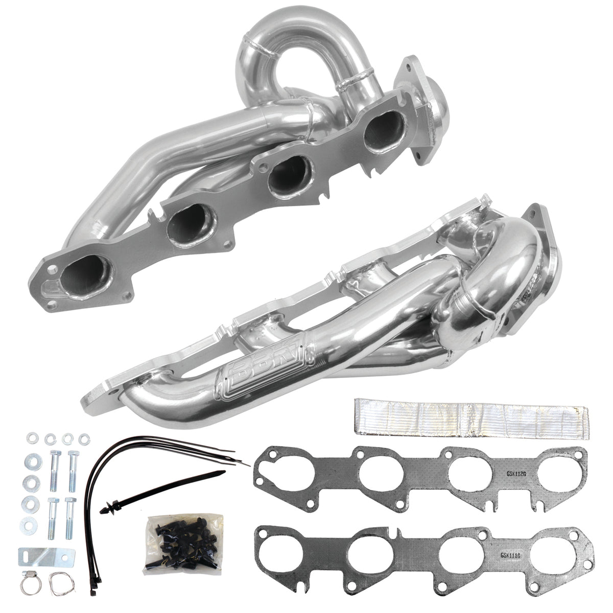 Polished silver mild steel exhaust header with mounting hardware from BBK Performance Parts part number 40140