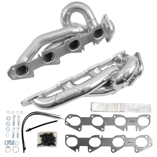Polished silver mild steel exhaust header with mounting hardware from BBK Performance Parts part number 40140