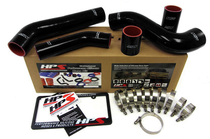 Black silicone intercooler hose kit with mounting hardware from HPS Performance part number 57-1228-BLK