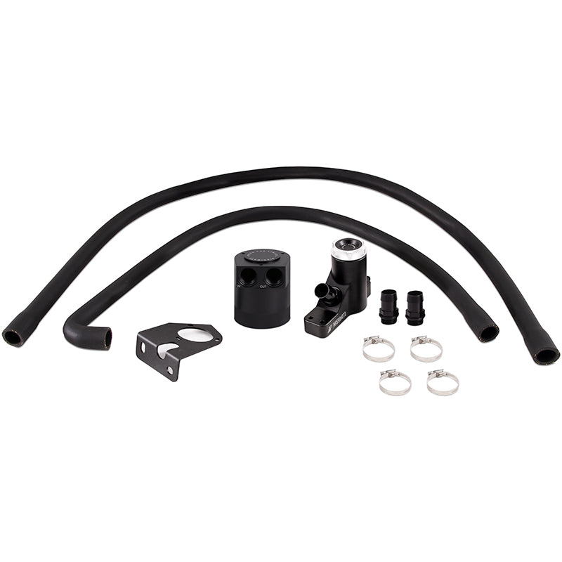 Black anodized engine oil catch can kit from Mishimoto part number MMBCC-F2D-08BE