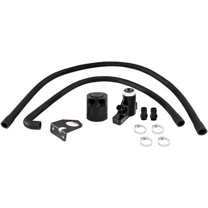 Black anodized engine oil catch can kit from Mishimoto part number MMBCC-F2D-08BE
