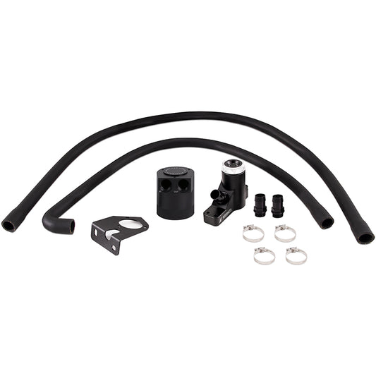 Black anodized engine oil catch can kit from Mishimoto part number MMBCC-F2D-08BE
