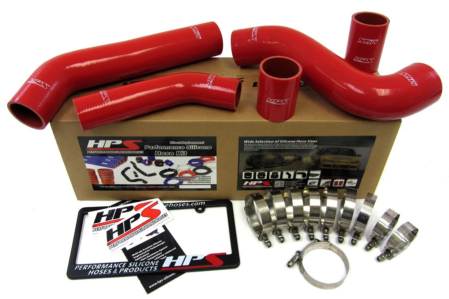 Red silicone intercooler hose kit with mounting hardware from HPS Performance part number 57-1228-RED