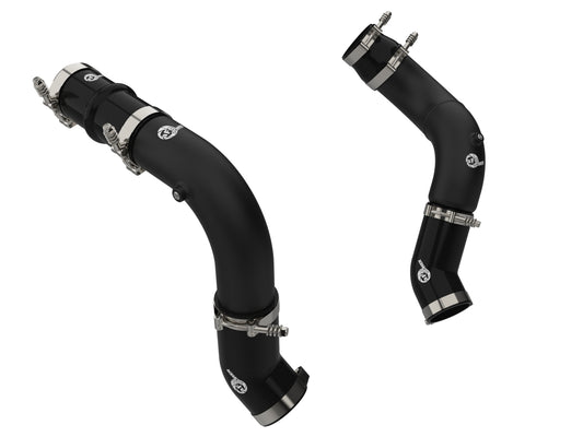 Black powdercoated aluminium intercooler pipe with mounting hardware from aFe Power part number 46-20814-B