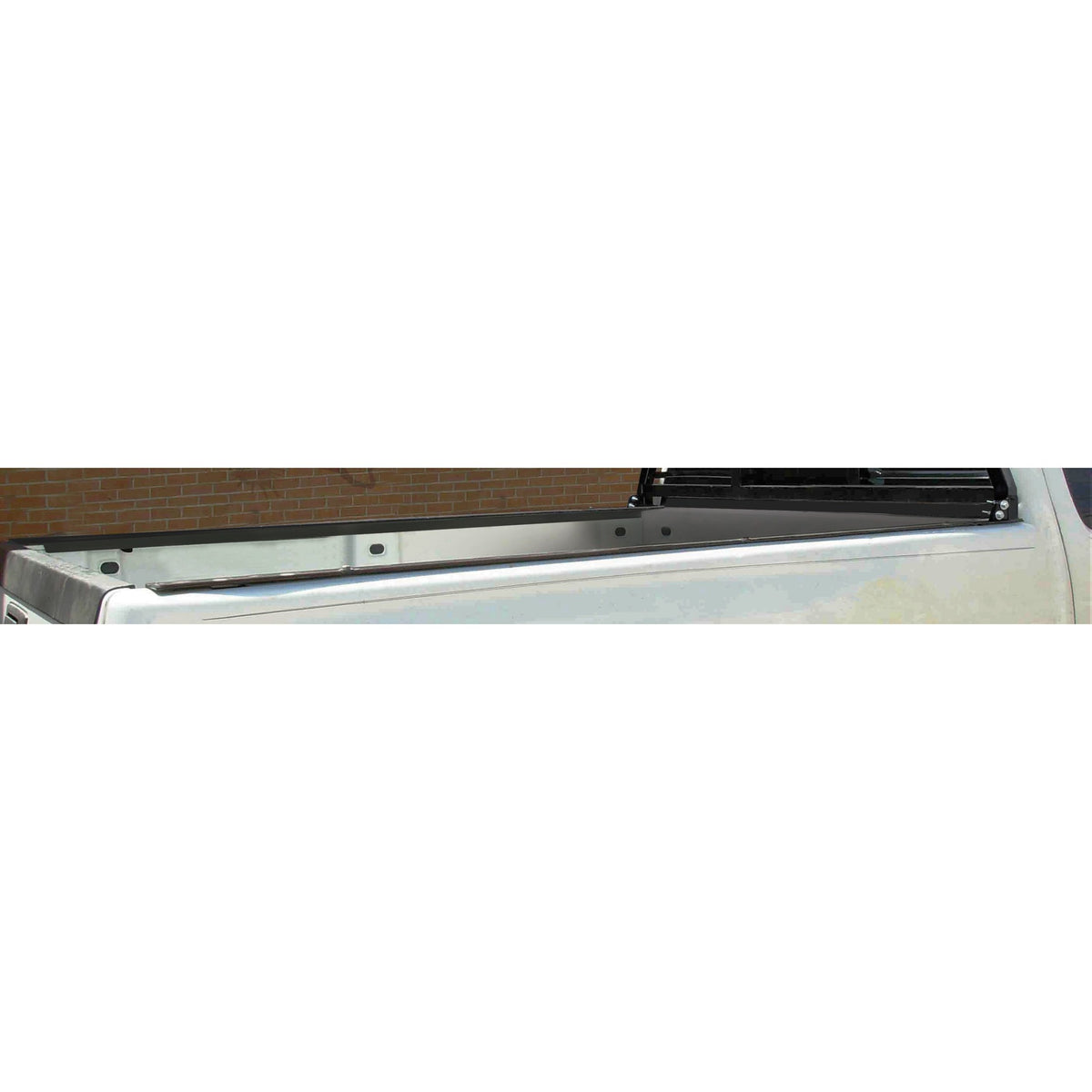 Black powder coated steel truck bed side rail with mounting hardware from Cattleman HD part number RF28NR