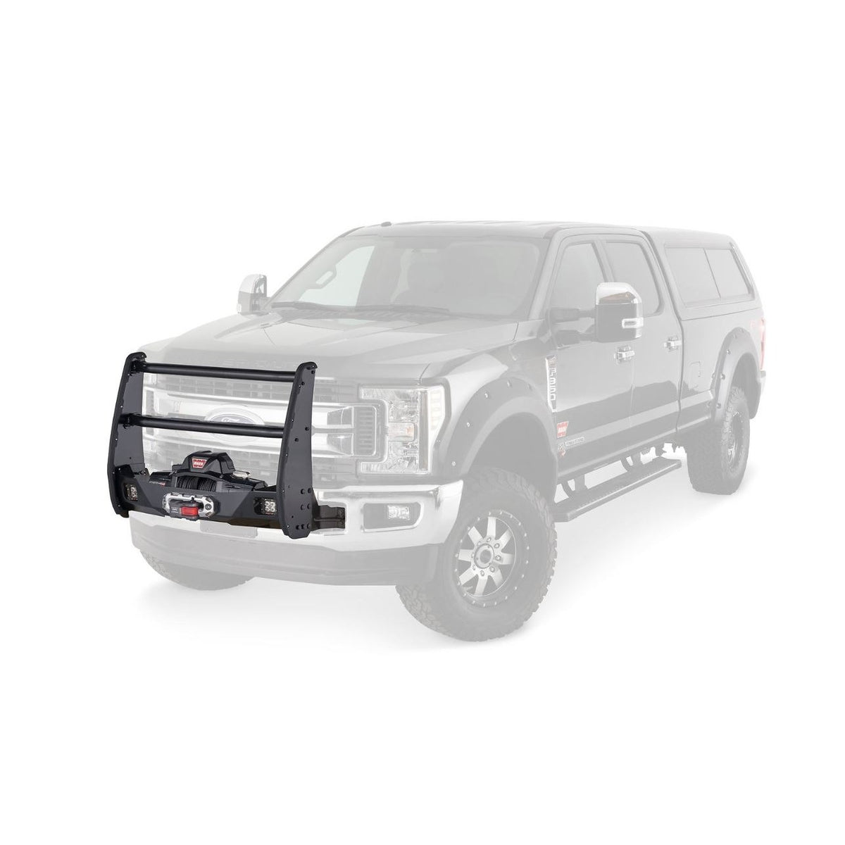 Black powder coated steel grille guard with mounting hardware from Warn part number 102957