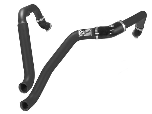 Black powdercoated aluminum intercooler pipe with mounting hardware from aFe Power part number 46-20218-B