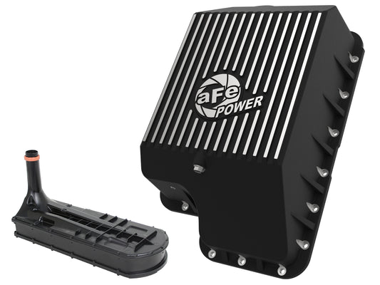 Black powdercoated cast aluminum transmission oil pan with mounting hardware from aFe Power part number 46-70122-1