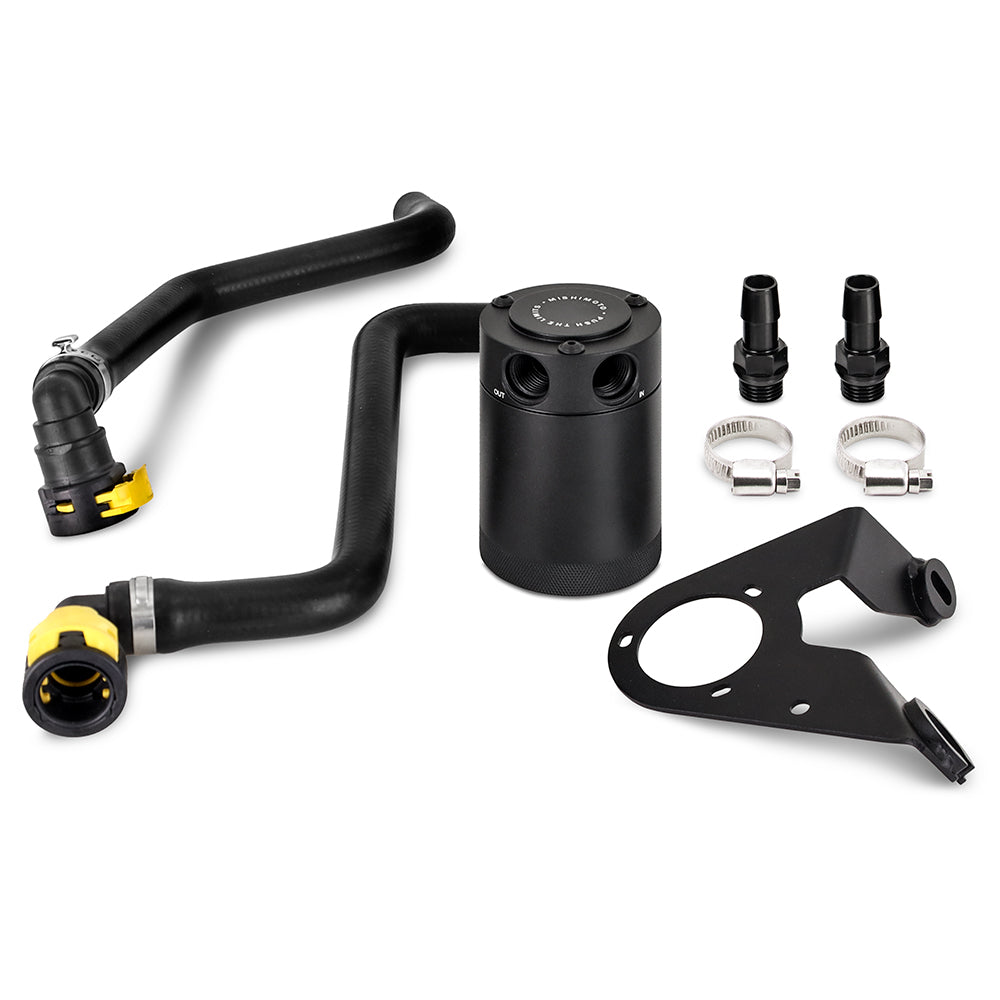 Black anodized engine oil catch can kit from Mishimoto part number MMBCC-BR27-21P