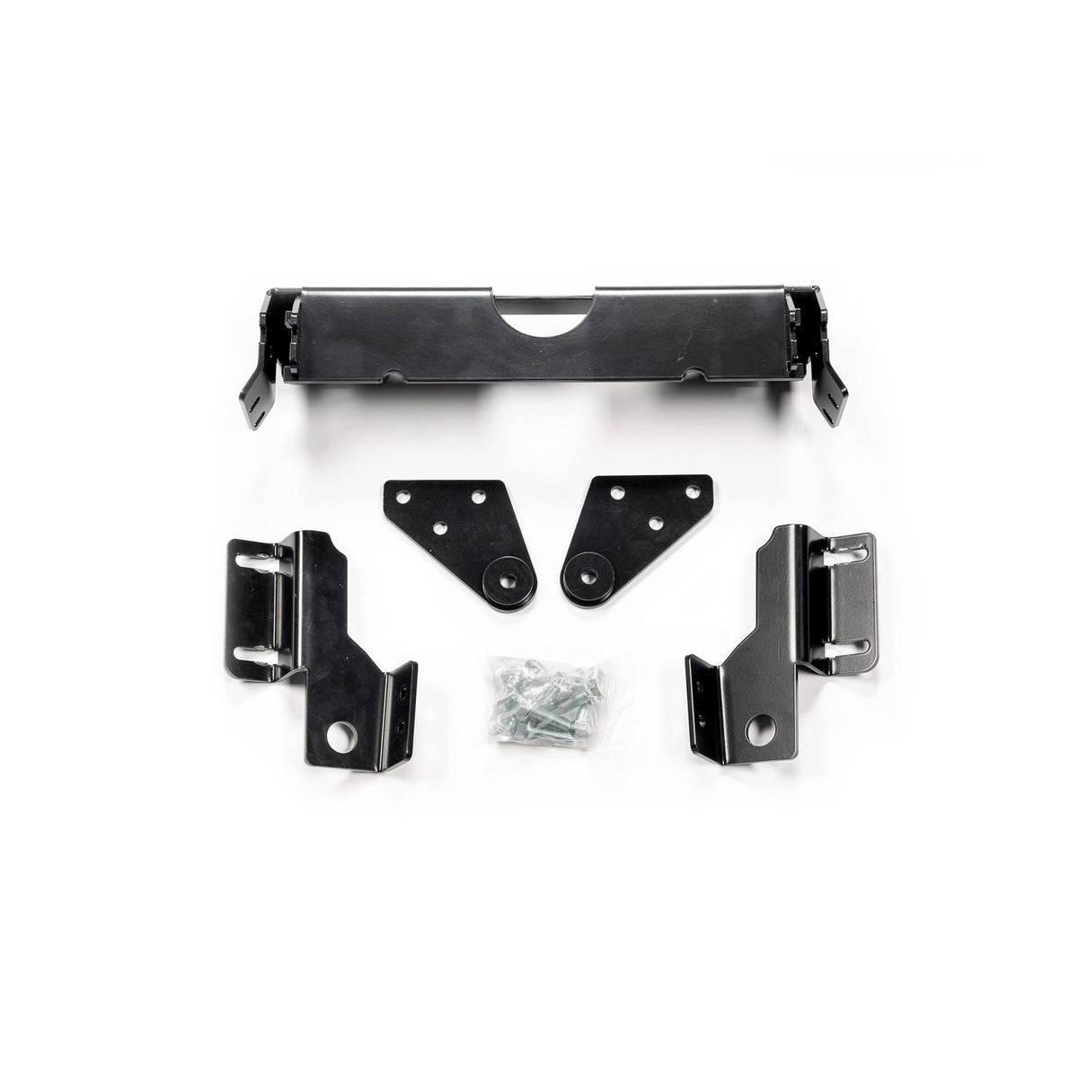 Black powder coated steel snow plow mount from Warn part number 107820