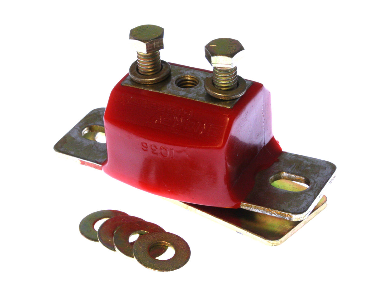 Red polyurethane transmission mount with mounting hardware from Energy Suspension part number 3.1108R