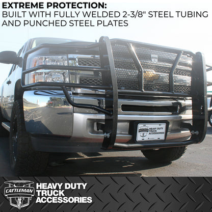 Black powder coated steel grille guard with mounting hardware from Cattleman HD part number 1357P
