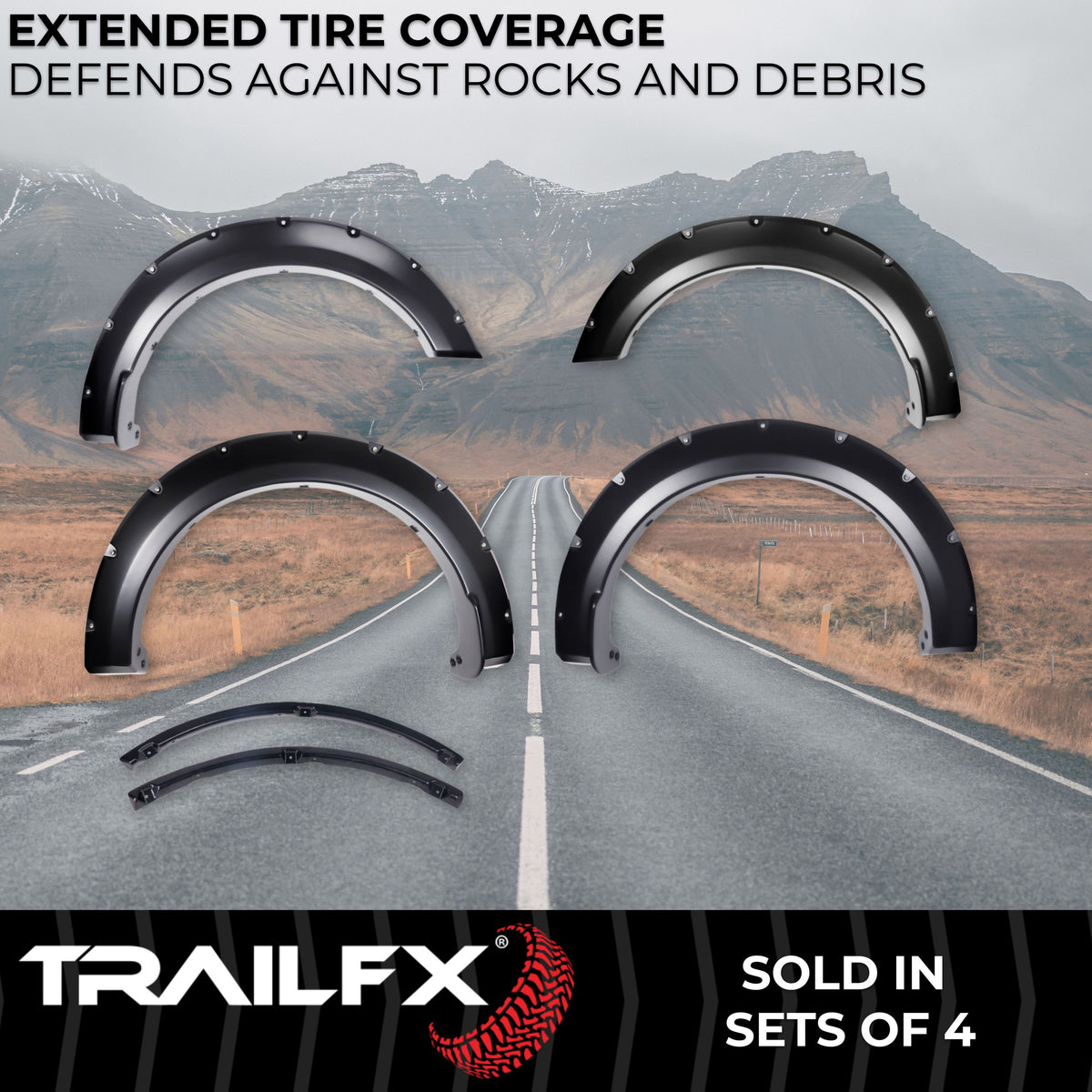 Black smooth polypropylene fender flare with mounting hardware from TrailFX part number TFF3011S