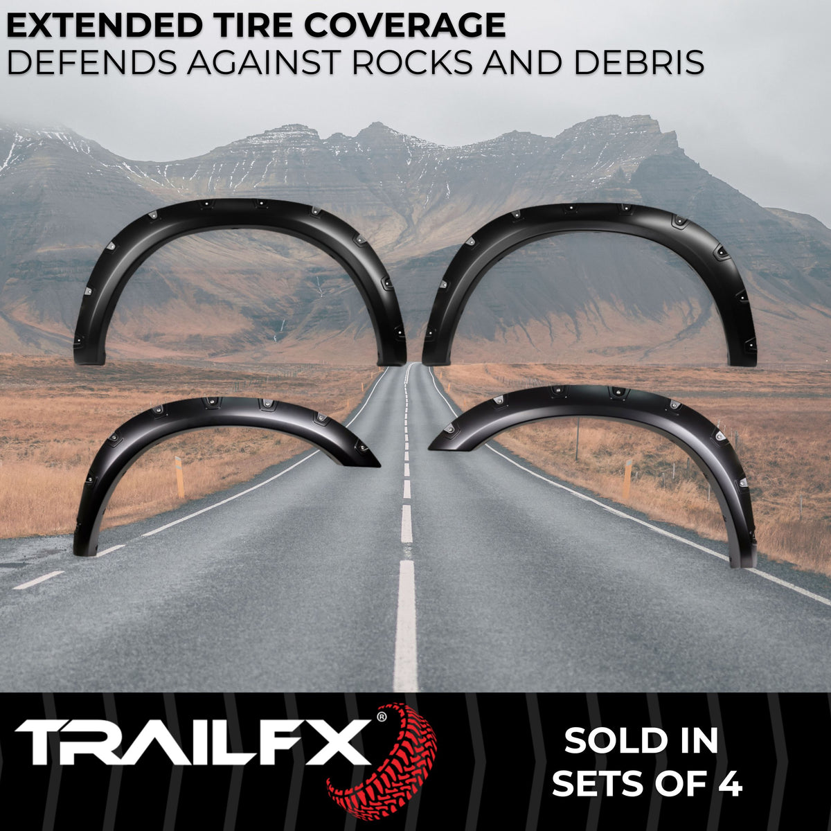 Black smooth polypropylene fender flare with mounting hardware from TrailFX part number TFD3006S