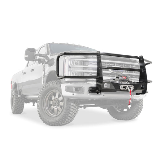 Black powder coated steel grille guard with mounting hardware from Warn part number 109580