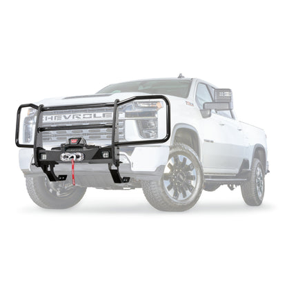 Black powder coated steel grille guard with mounting hardware from Warn part number 106595