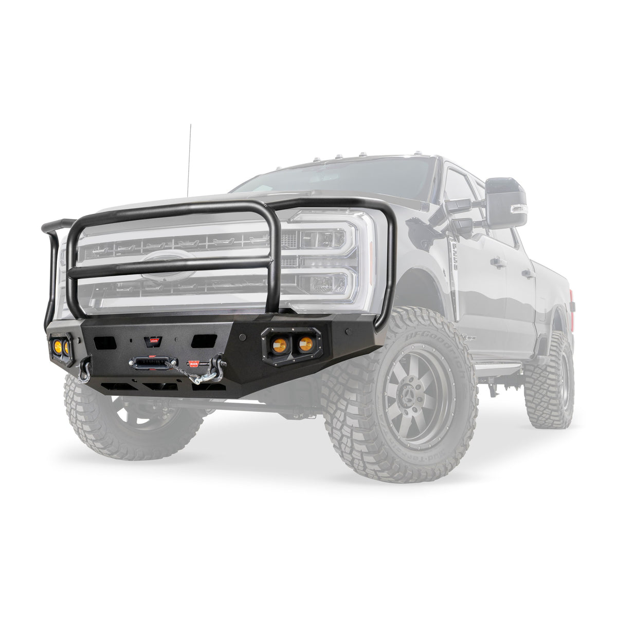 Black powder coated steel winch bumper from Warn part number 110630