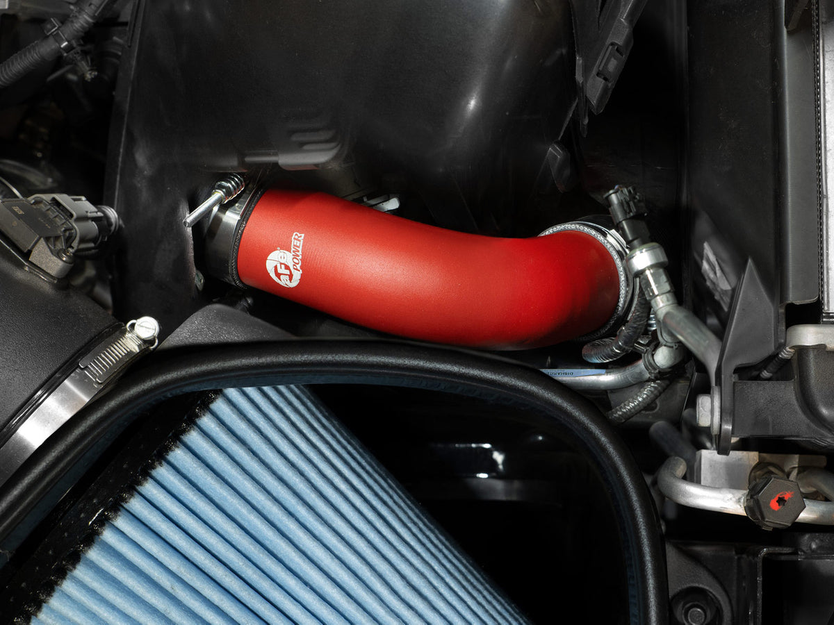 Red powdercoated aluminium intercooler pipe with mounting hardware from aFe Power part number 46-20814-R