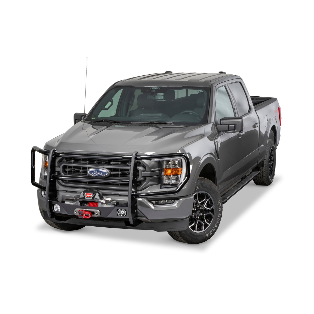 Black powder coated steel grille guard with mounting hardware from Warn part number 107685