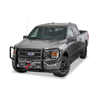 Black powder coated steel grille guard with mounting hardware from Warn part number 107685