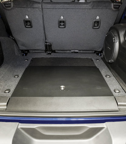 Black floor storage compartment lid from Tuffy Security Products part number 358-01-A