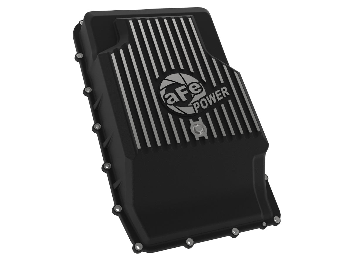 Black powdercoated cast aluminum transmission oil pan with mounting hardware from aFe Power part number 46-71330B
