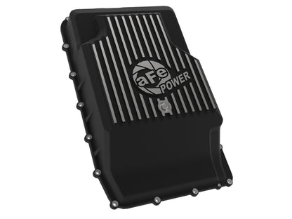 Black powdercoated cast aluminum transmission oil pan with mounting hardware from aFe Power part number 46-71330B