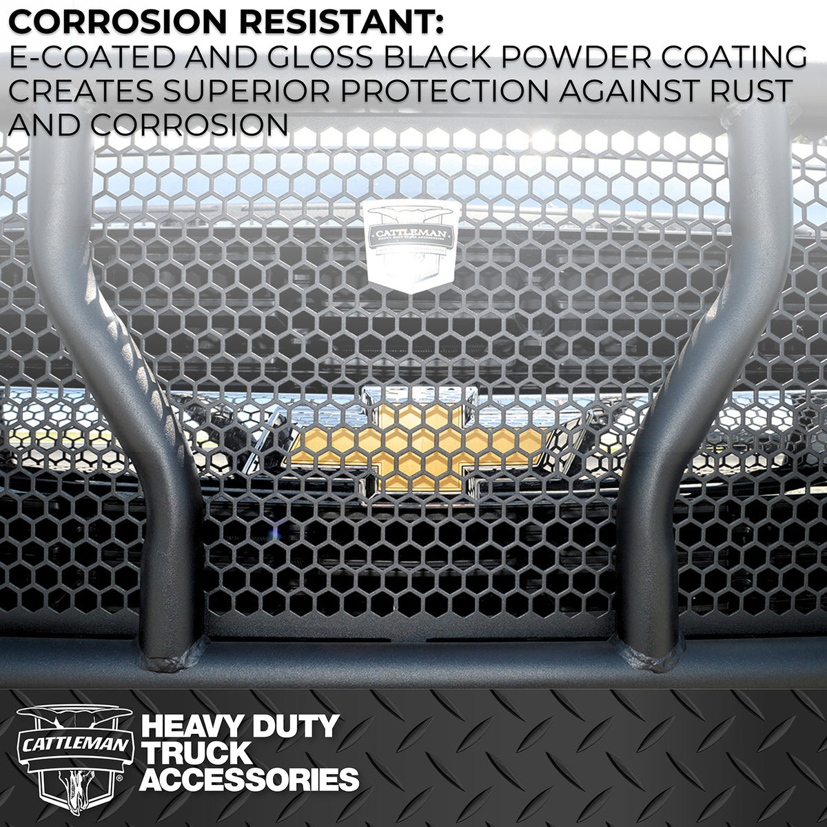 Black powder coated steel grille guard with mounting hardware from Cattleman HD part number 1357P