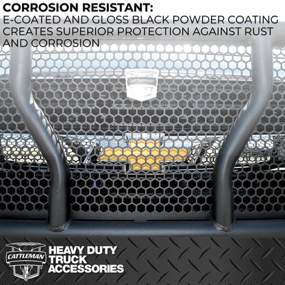 Black powder coated steel grille guard with mounting hardware from Cattleman HD part number 1357P
