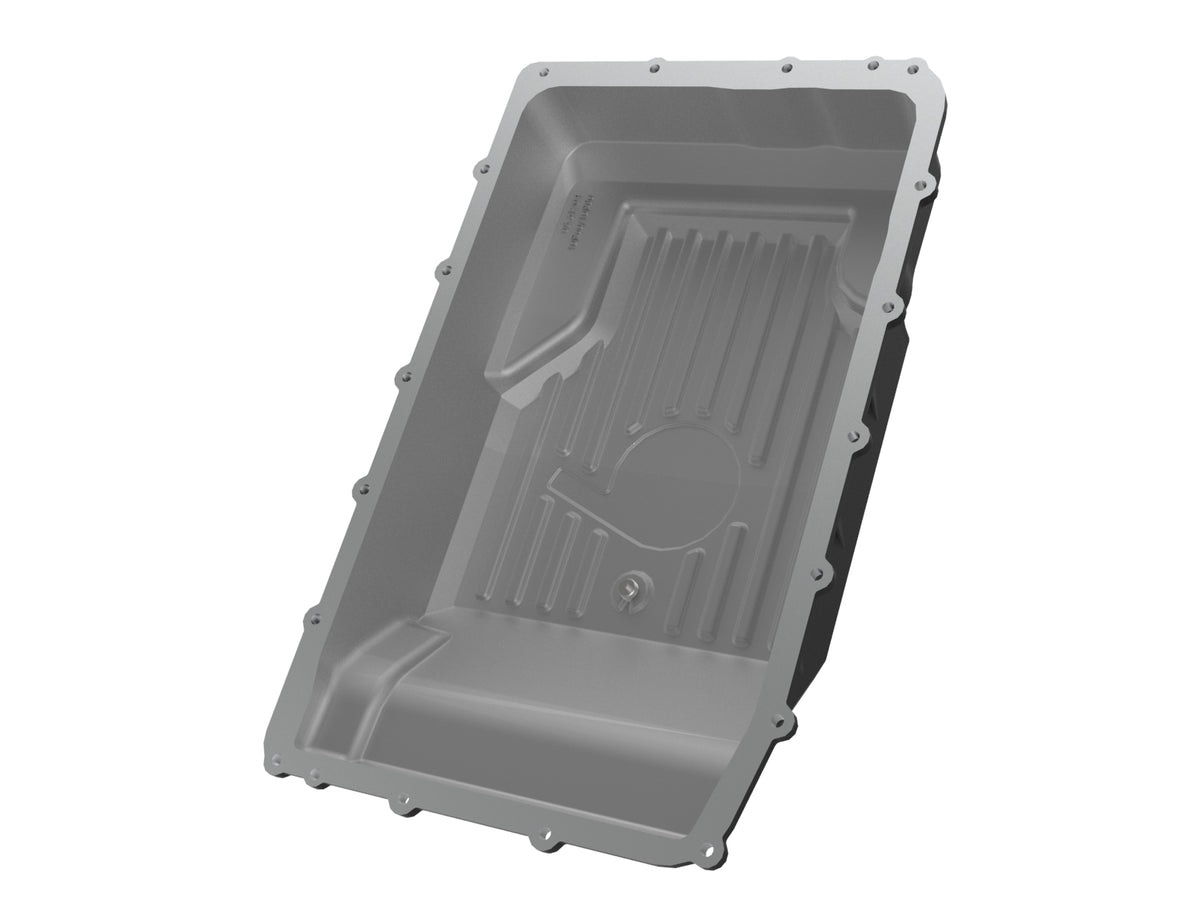 Black powdercoated cast aluminum transmission oil pan with mounting hardware from aFe Power part number 46-71330B