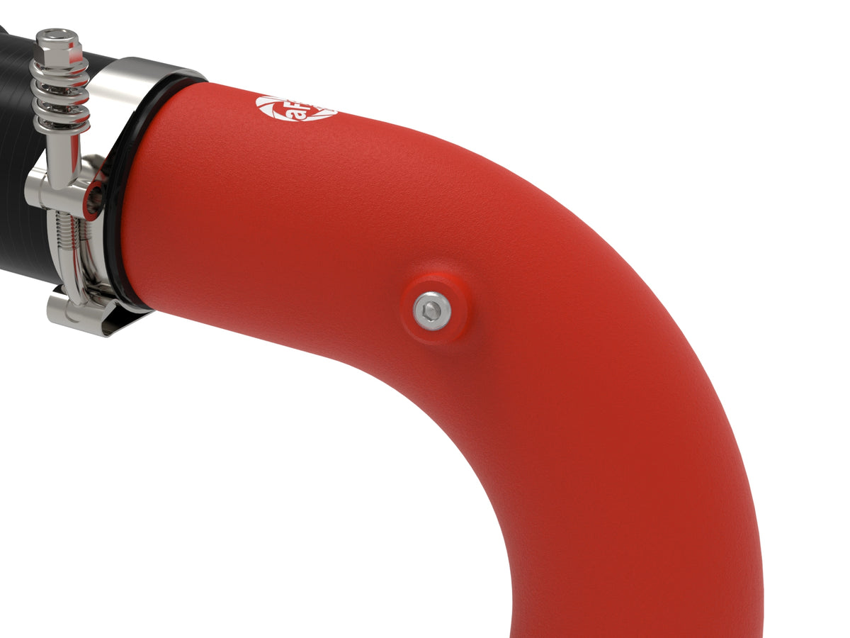 Red powdercoated aluminium intercooler pipe with mounting hardware from aFe Power part number 46-20814-R