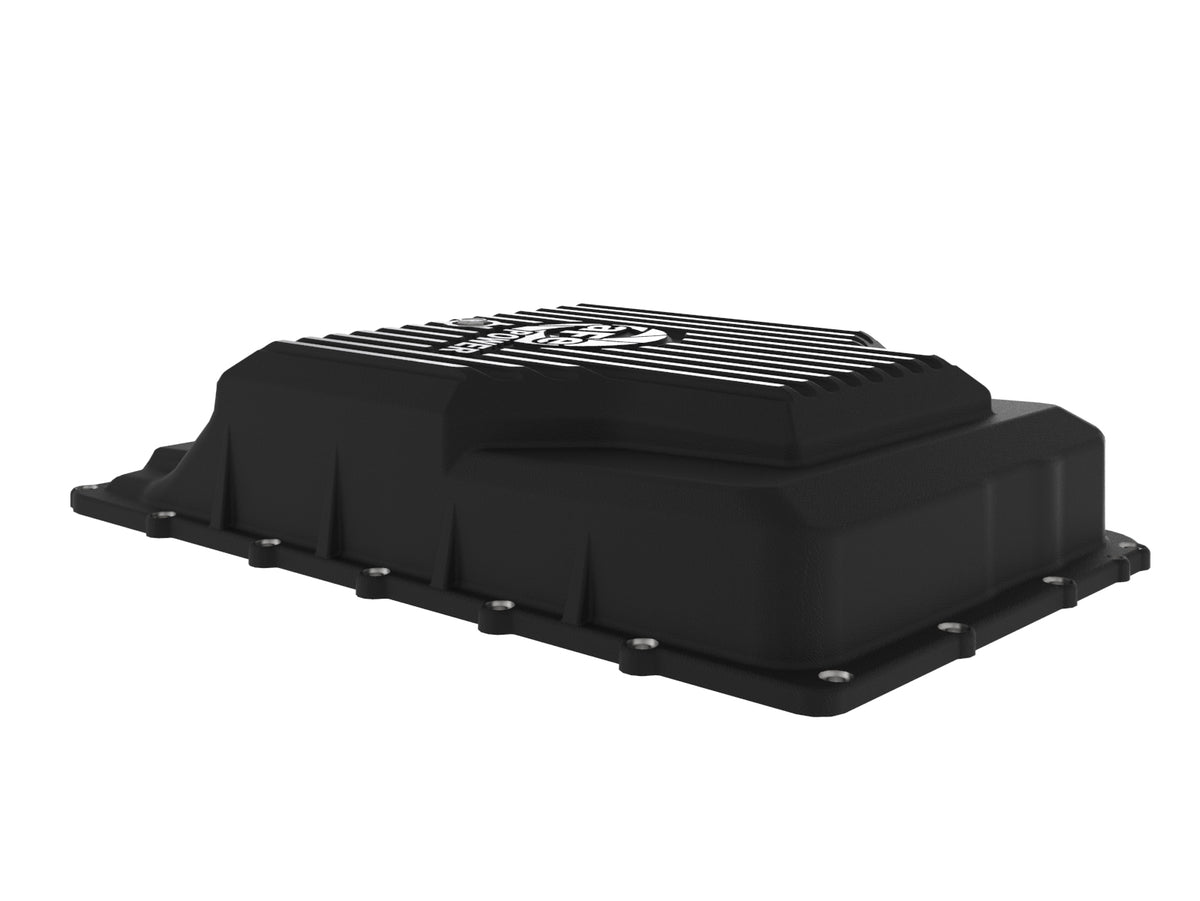 Black powdercoated cast aluminum transmission oil pan with mounting hardware from aFe Power part number 46-71330B