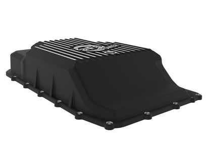 Black powdercoated cast aluminum transmission oil pan with mounting hardware from aFe Power part number 46-71330B