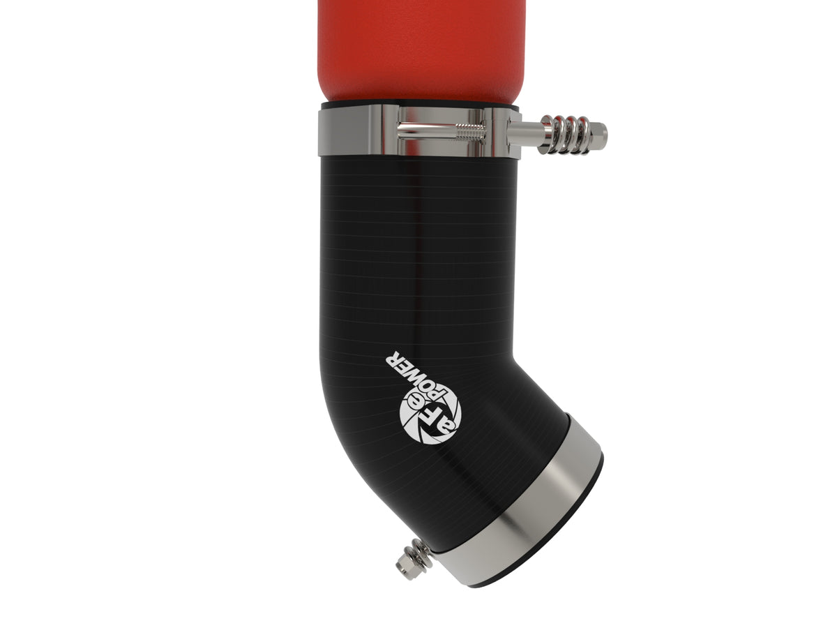 Red powdercoated aluminium intercooler pipe with mounting hardware from aFe Power part number 46-20814-R