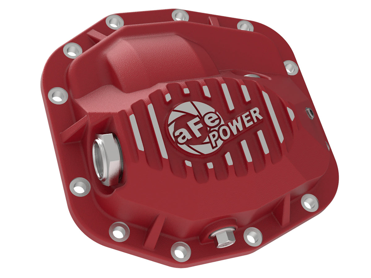 Red powder coat differential cover with mounting hardware from aFe Power part number 46-71010R