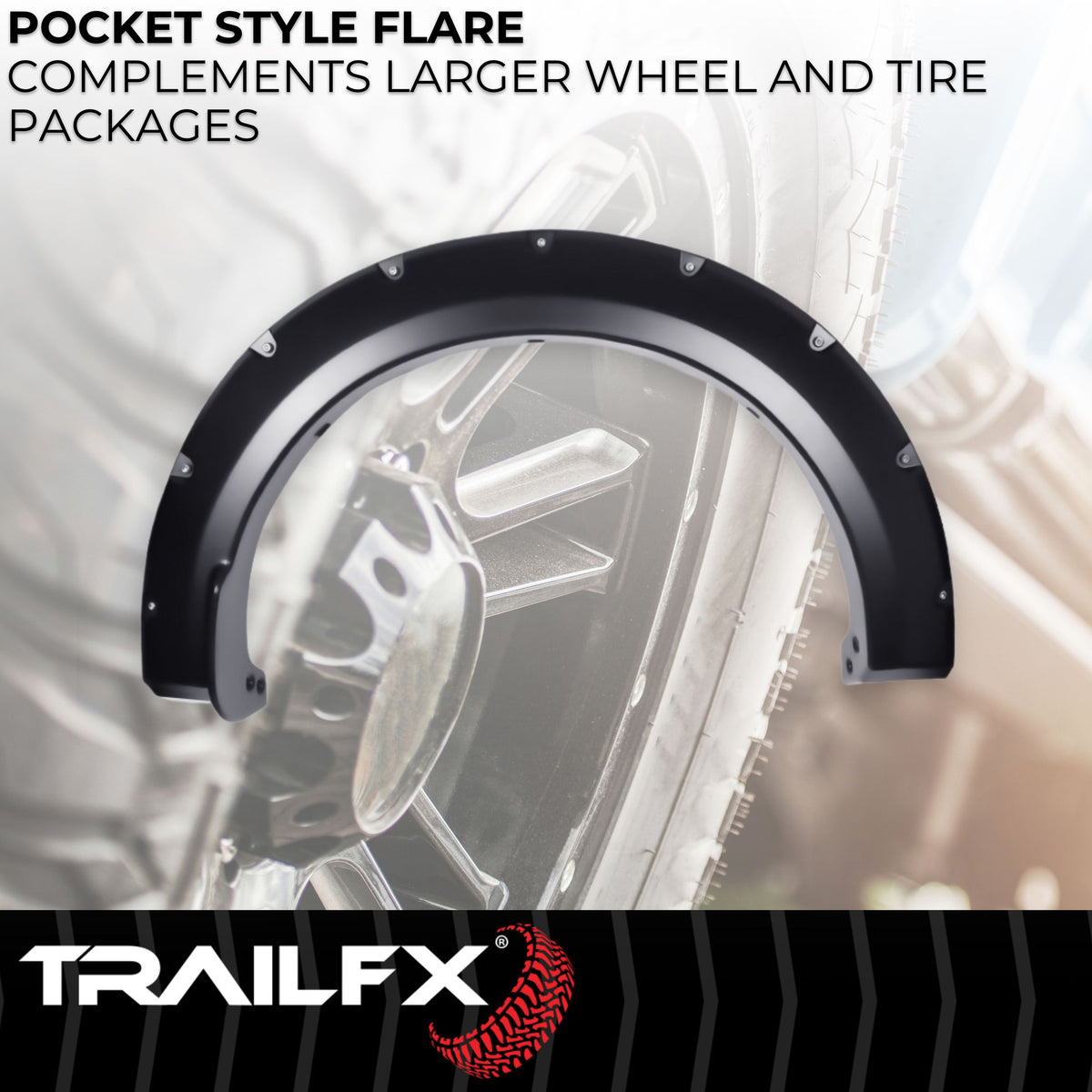 Black smooth polypropylene fender flare with mounting hardware from TrailFX part number TFF3011S