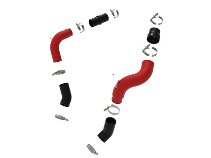 Red powdercoated aluminium intercooler pipe with mounting hardware from aFe Power part number 46-20814-R